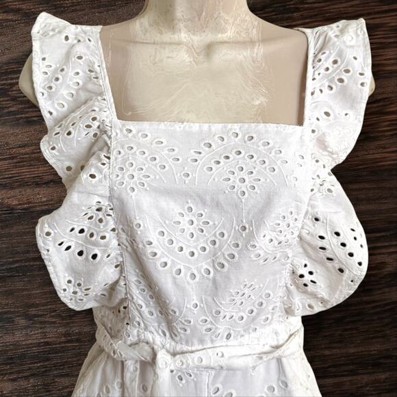 Topshop Overalls NEW w Tags Sz 2 Wide Legs Eyelet Apron Tie Waist Ruffle White - Picture 4 of 12